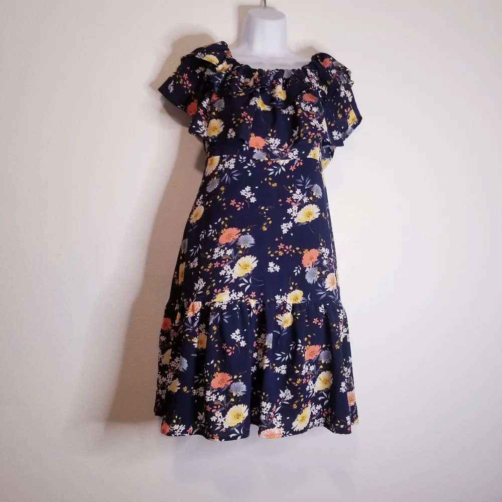 E.ssue navy with floral print ruffles mini dress